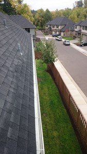 Second-story residential run — cleared above the fence line, downspout confirmed flowing.